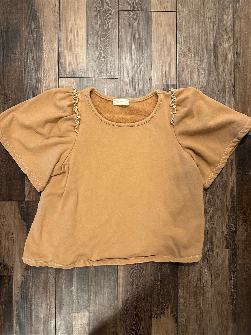 Altar'd State Caramel Short-Sleeve Ruffle-Trim Sweatshirt